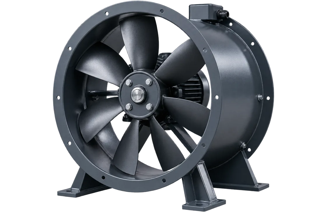 Pair of blue axial flow fans in cylindrical housings