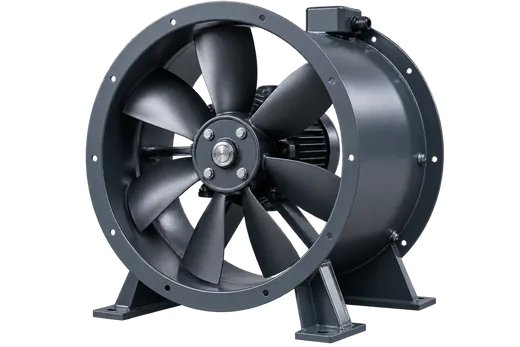 Pair of blue axial flow fans in cylindrical housings