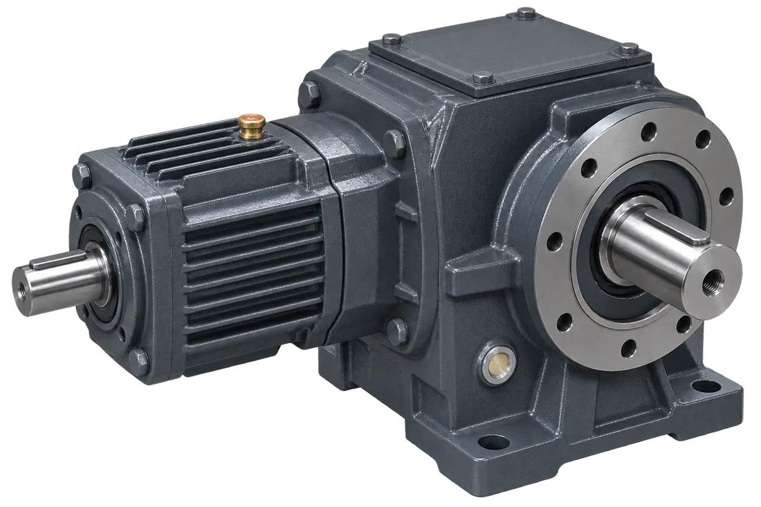 Teal bevel helical gearbox unit with twin output shafts