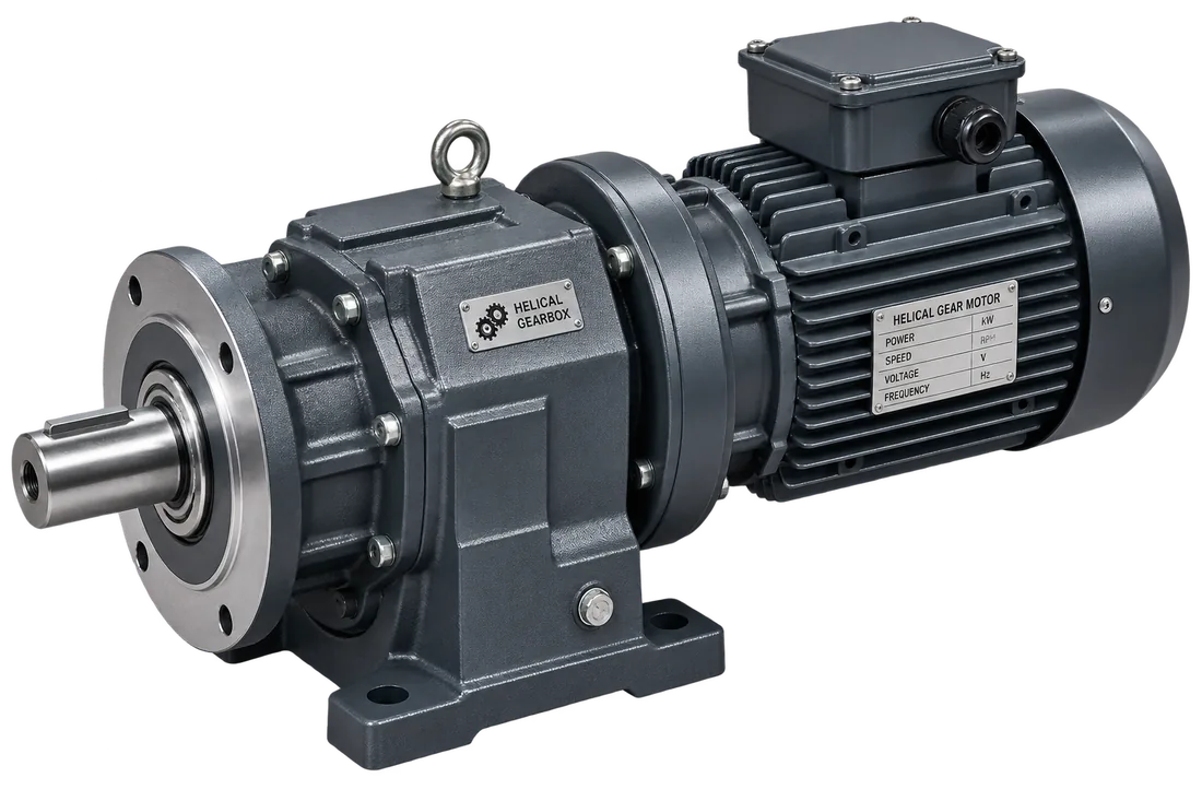 Inline helical gear motor with three phase motor and grey barrel housing