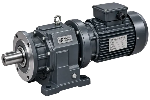 Inline helical gear motor with three phase motor and grey barrel housing