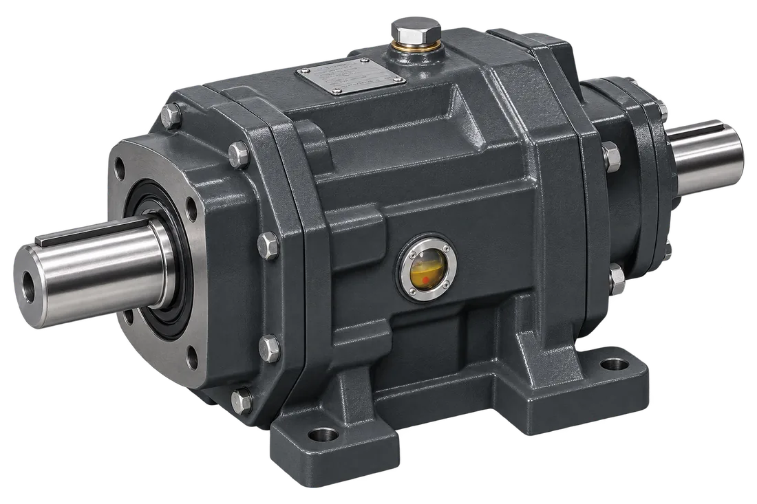 Blue inline helical gearbox with keyed output shaft and foot mounting