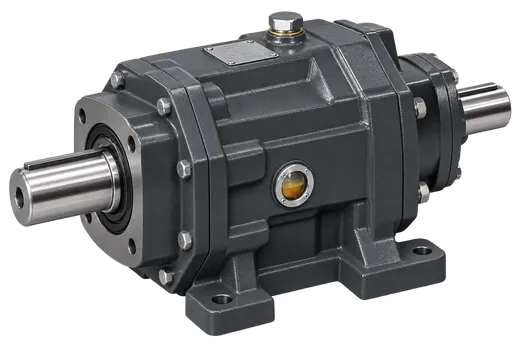 Blue inline helical gearbox with keyed output shaft and foot mounting