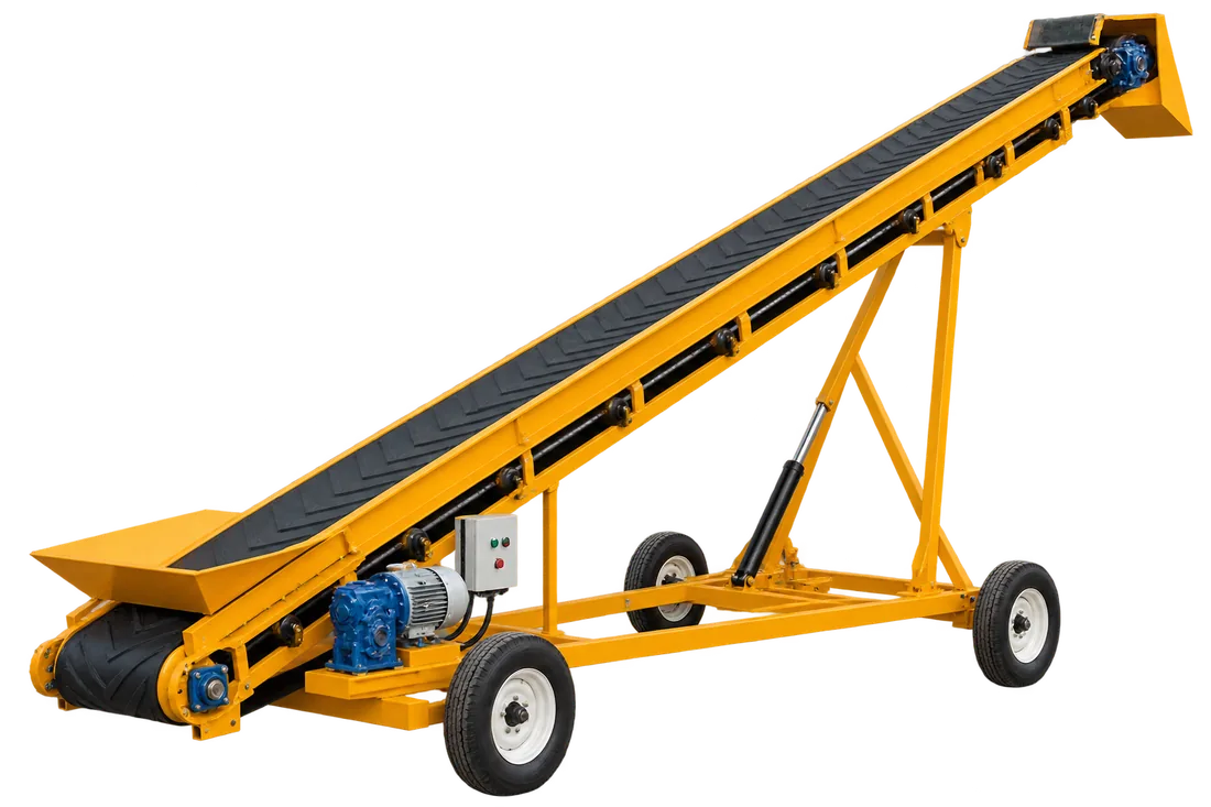 Mobile stacker conveyor on wheels with inclined rubber belt
