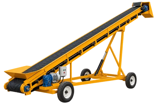 Mobile stacker conveyor on wheels with inclined rubber belt