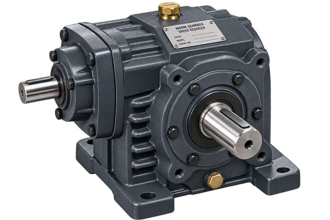 Cast iron worm reduction gearbox with bronze output shaft and motor flange