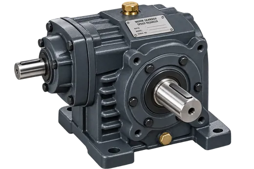 Cast iron worm reduction gearbox with bronze output shaft and motor flange