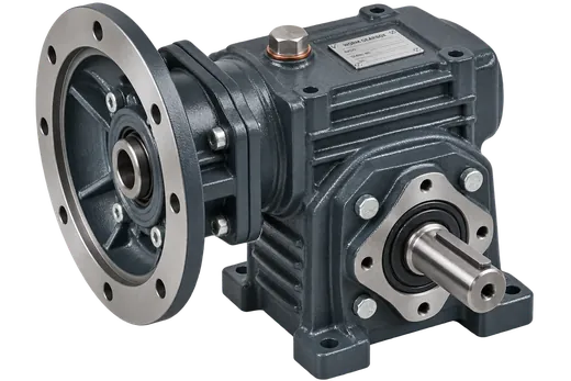 Cyan worm gearbox with flange mounting face and solid output shaft